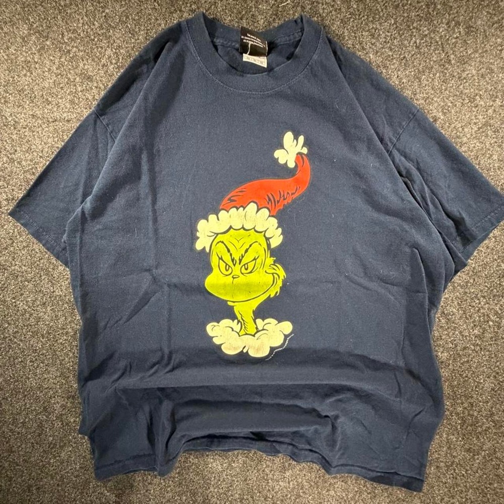Vintage 2001 Dr Seuss The Grinch Santa Hat Graphic T Shirt Mens XL Navy Blue